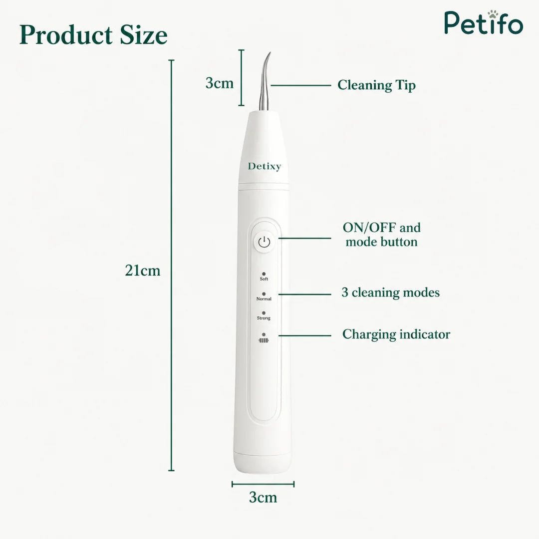 Product dimension diagram of the Petifo Detixy Tooth Cleaner showing a 21cm height, 3cm width, 3cm cleaning tip, ON/OFF mode button, 3 cleaning modes, and charging indicator.
