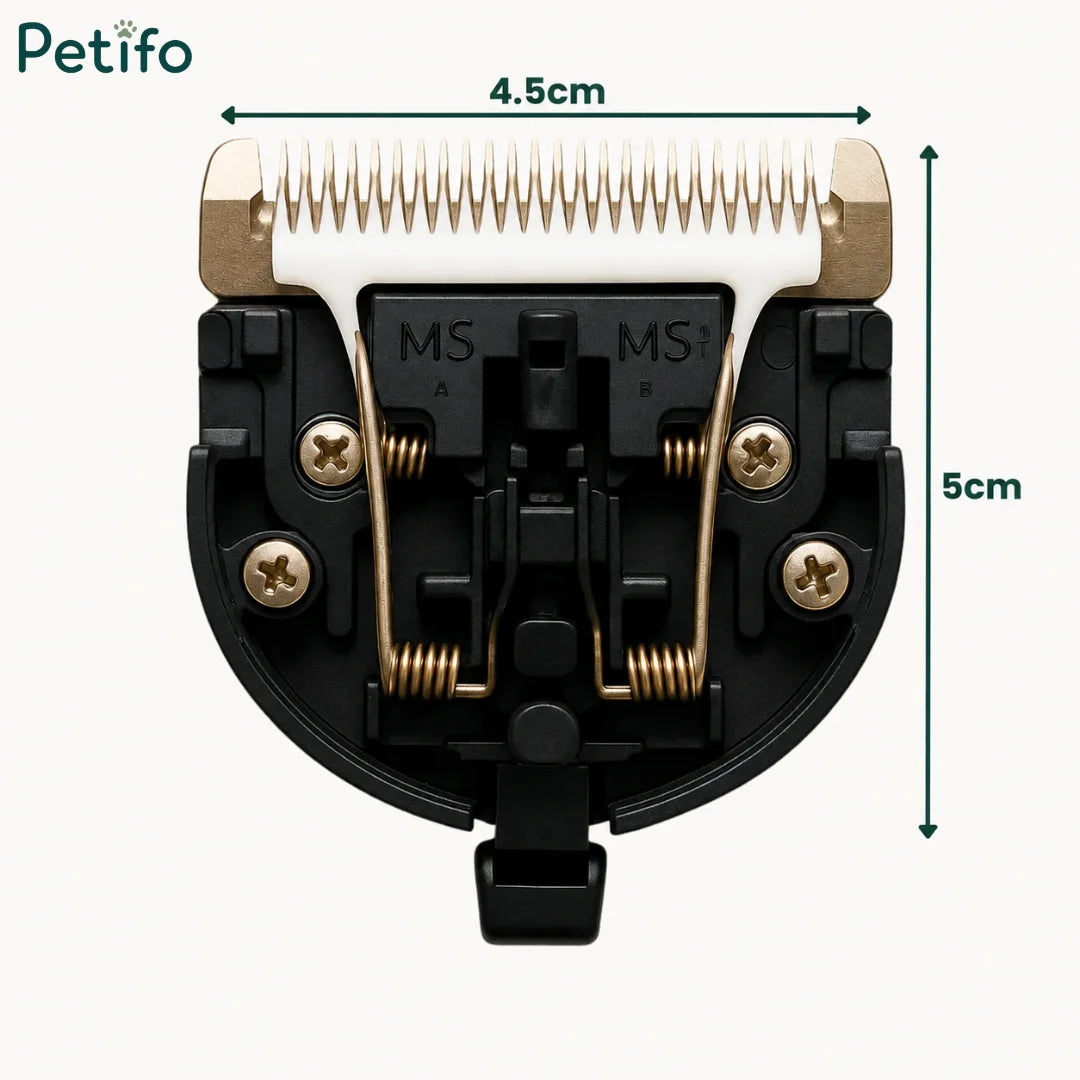 Product dimension diagram of the Petifo trimmer blade attachment showing a width of 4.5cm and a height of 5cm, highlighting the inner spring mechanism and ceramic-and-metal cutting teeth.
