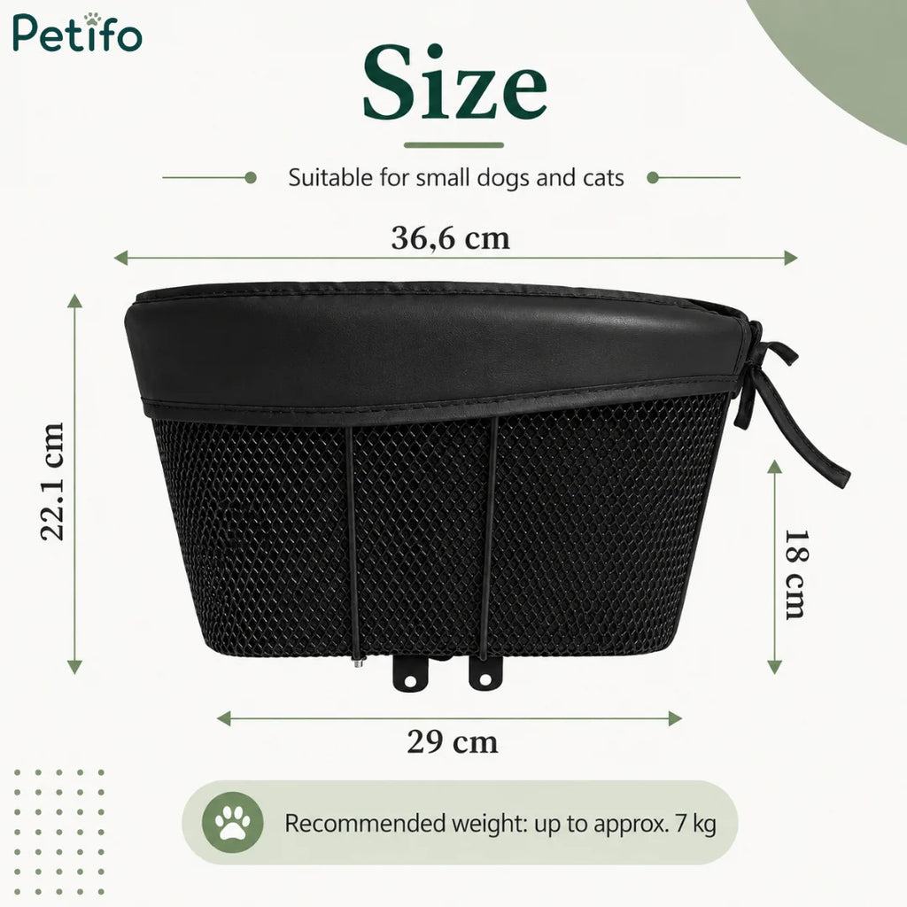 Sizing and dimension infographic for the Petifo pet bike basket showing measurements of 36.6 cm length, 22.1 cm height, and a recommended pet weight capacity up to 7 kg.