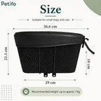 Sizing and dimension infographic for the Petifo pet bike basket showing measurements of 36.6 cm length, 22.1 cm height, and a recommended pet weight capacity up to 7 kg.