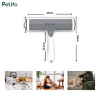 A product dimension guide for the white and grey Petifo pet hair remover, showing a length of 19cm, roller width of 5.5cm, and handle length of 13.5cm, accompanied by lifestyle photos of pets.