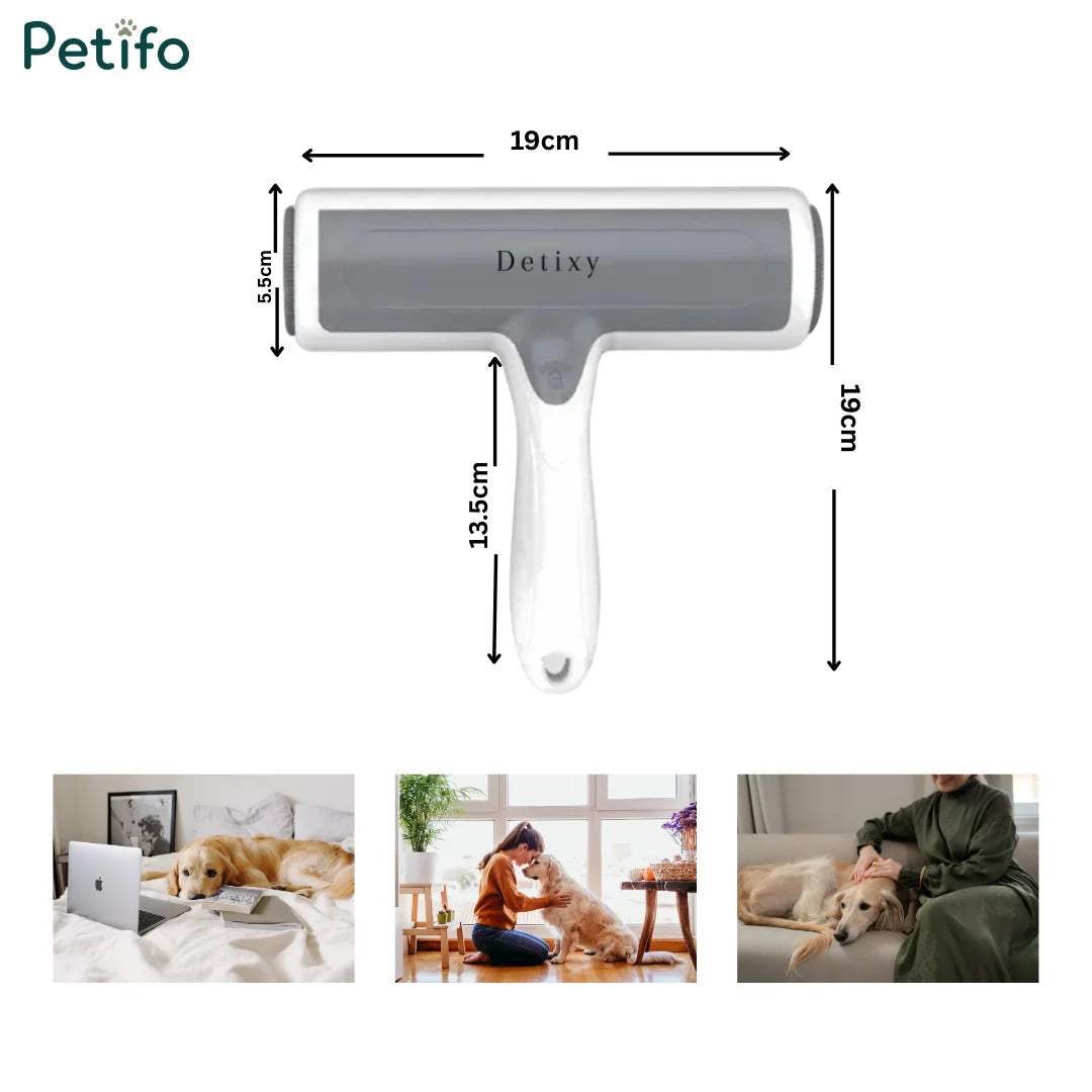 A product dimension guide for the white and grey Petifo pet hair remover, showing a length of 19cm, roller width of 5.5cm, and handle length of 13.5cm, accompanied by lifestyle photos of pets.