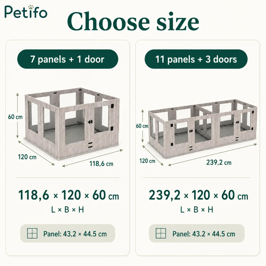 Size options and dimension guide showing the 7 panels + 1 door configuration ($118.6 \times 120 \times 60$ cm) and the 11 panels + 3 doors configuration ($239.2 \times 120 \times 60$ cm).