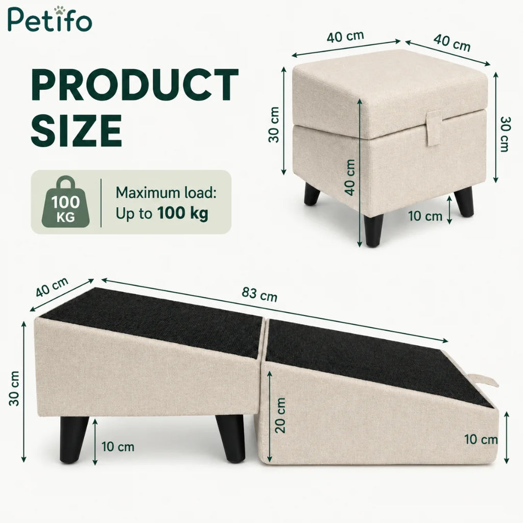 Product dimension diagram detailing the 83 cm total length, 40 cm width, and varying heights up to 30 cm, with a maximum load capacity of 100 kg.