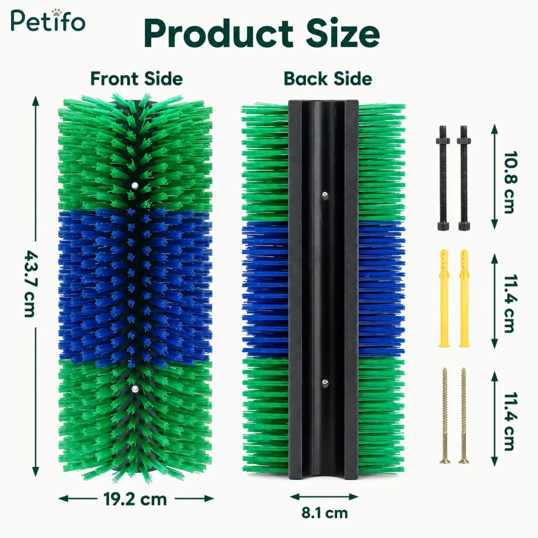 Product dimension diagram detailing the height, width, and mounting hardware specifications of the stable scratch brush.