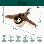 A product dimension and feature overview graphic for the Petifo interactive bird toy showing measurements of 23cm length, 12cm height, and 18cm wingspan, along with icons detailing its rechargeable battery, refillable catnip bag, motion sensor, and flapping wing modes.