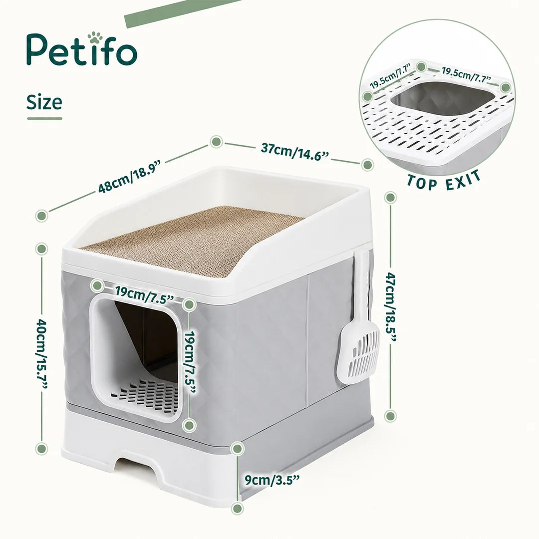 Dimensional diagram of the Petifo cat litter box, highlighting height, width, and entrance sizes for clear product specifications.