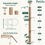 Detailed diagram showing dimensions of the adjustable cat tree.