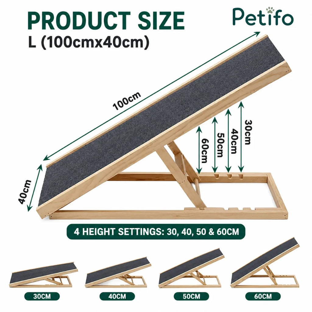 An adjustable wooden ramp for pets showing dimensions of 100cm by 40cm and four customizable height settings ranging from 30cm to 60cm.