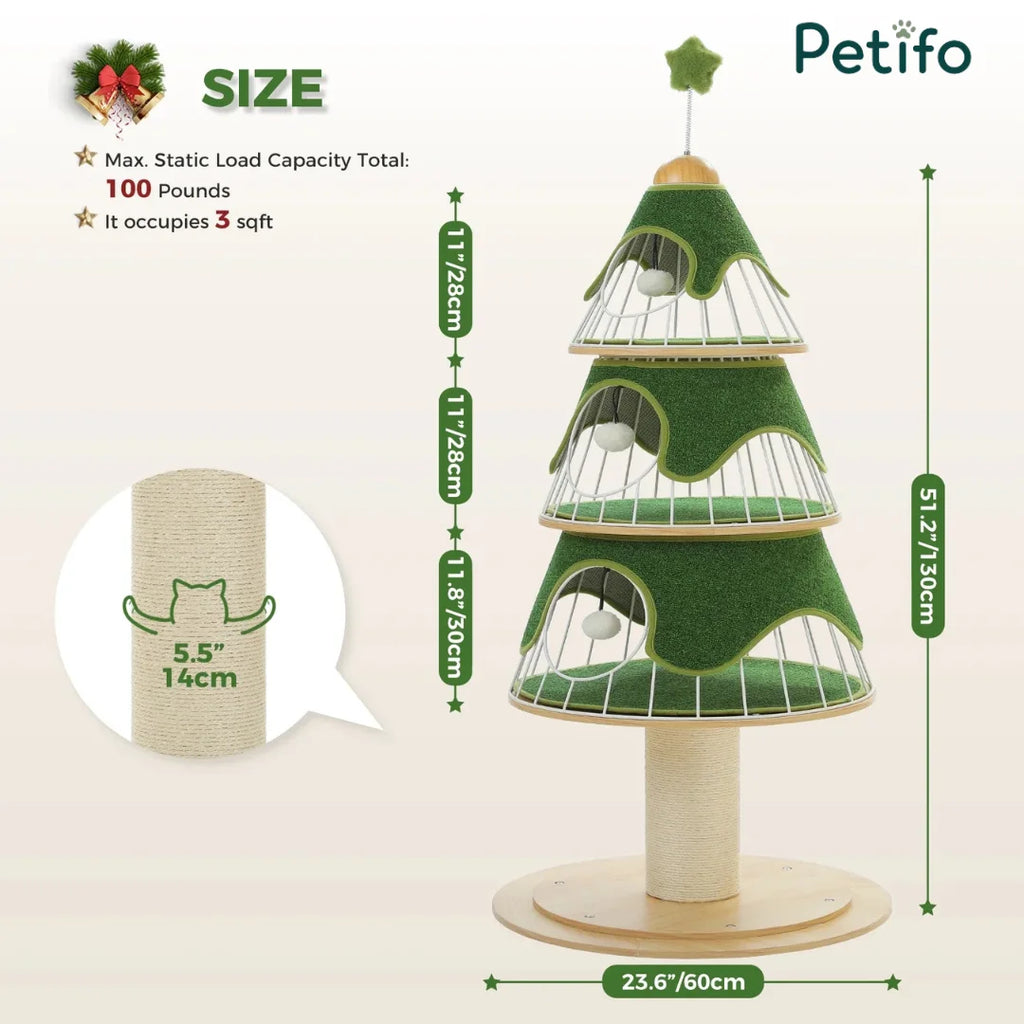 Technical diagram showing the dimensions and structural specifications of a three-tier Christmas tree cat tower, including a 100-pound load capacity.