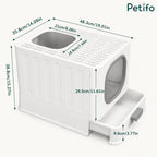 A technical diagram displaying the dimensions of a white, drawer-style cat litter box in centimeters and inches.