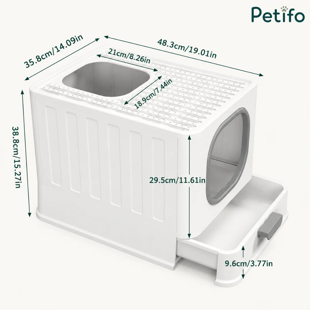 A technical diagram displaying the dimensions of a white, drawer-style cat litter box in centimeters and inches.