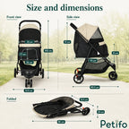 Front, side, and folded size dimensions diagram of the Petifo stroller.
