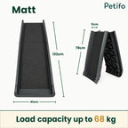 Diagram showing the dimensions of the foldable pet ramp, including length, width, and weight capacity.