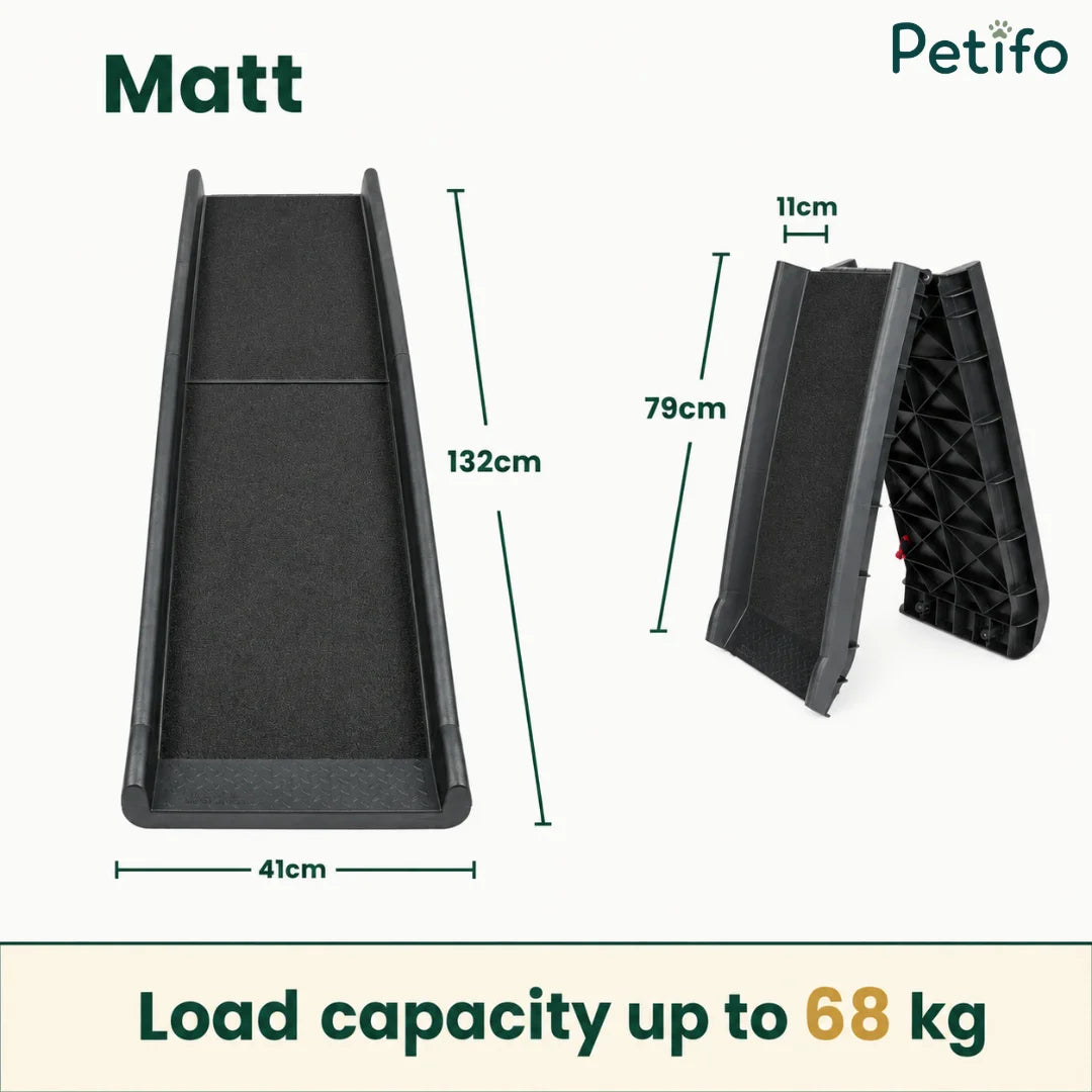 Diagram showing the dimensions of the foldable pet ramp, including length, width, and weight capacity.