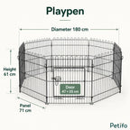 Dimensions diagram of the 8-panel Petifo playpen highlighting height, diameter, and door size.
