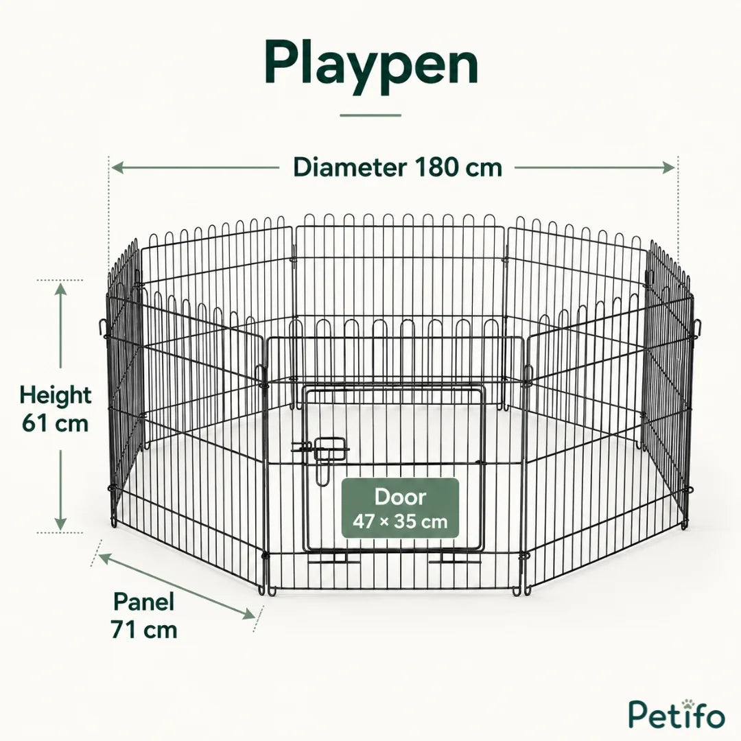 Dimensions diagram of the 8-panel Petifo playpen highlighting height, diameter, and door size.