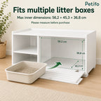 An infographic detailing the internal dimensions of the Petifo cat litter house, specifying a maximum inner space of 56.2 cm by 45.3 cm by 36.8 cm.