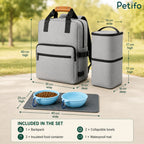 Petifo dog travel backpack set displaying full dimensions for the backpack, food containers, and collapsible bowls.