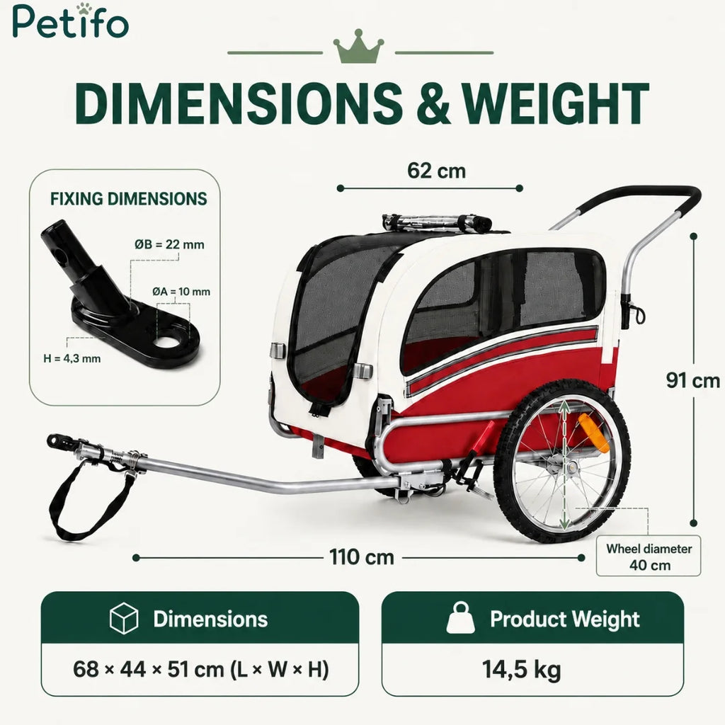 Size and weight dimensions diagram of Petifo dog trailer.