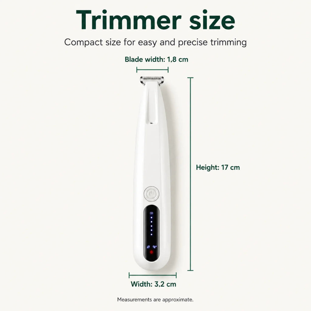 White professional pet trimmer showing dimensions with a 17 cm height, 3.2 cm body width, and 1.8 cm blade width.