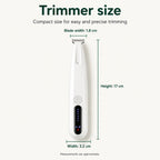 White professional pet trimmer showing dimensions with a 17 cm height, 3.2 cm body width, and 1.8 cm blade width.