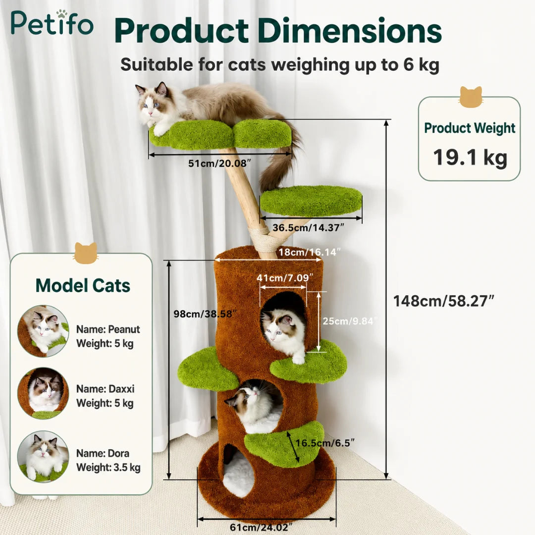 Detailed product dimensions chart for a tree-shaped cat tower, indicating it is suitable for cats up to 6 kg.
