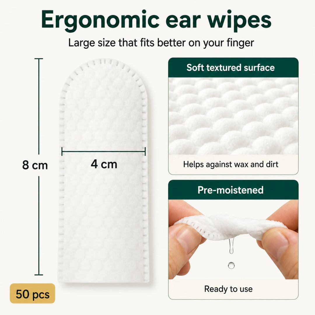 Infographic showing the 8 cm by 4 cm dimensions and textured surface of an ergonomic pet ear cleaning wipe.