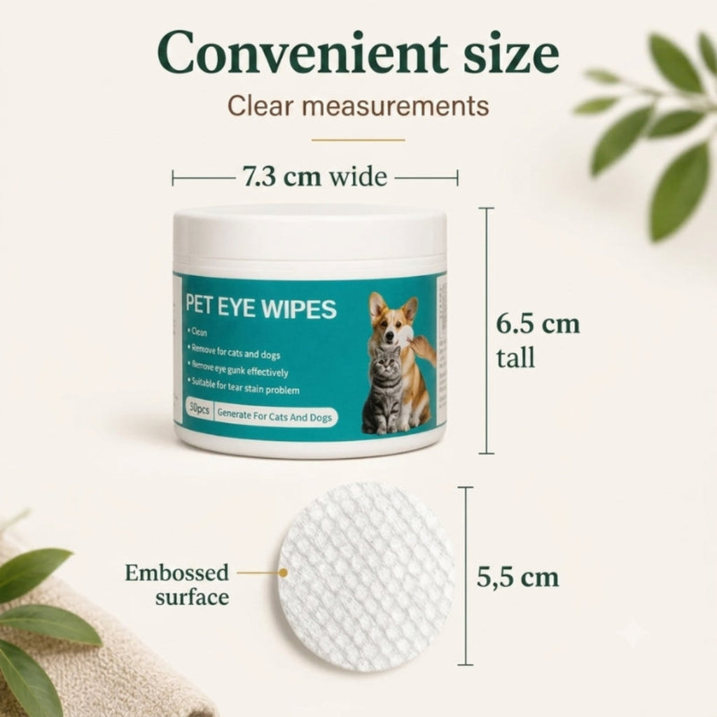 An infographic illustrating the dimensions of the pet eye wipes product, showing a jar width of 7.3 cm, a height of 6.5 cm, and an embossed wipe diameter of 5.5 cm.