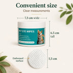 An infographic illustrating the dimensions of the pet eye wipes product, showing a jar width of 7.3 cm, a height of 6.5 cm, and an embossed wipe diameter of 5.5 cm.