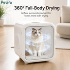 Dimensions and capacity guide for the 62-liter automatic pet dryer suitable for small dogs and cats.