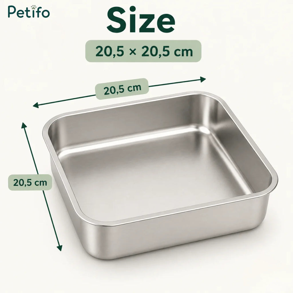Petifo replacement pet bowl sizing diagram displaying the 20.5 x 20.5 cm dimensions for the stainless steel bowl.