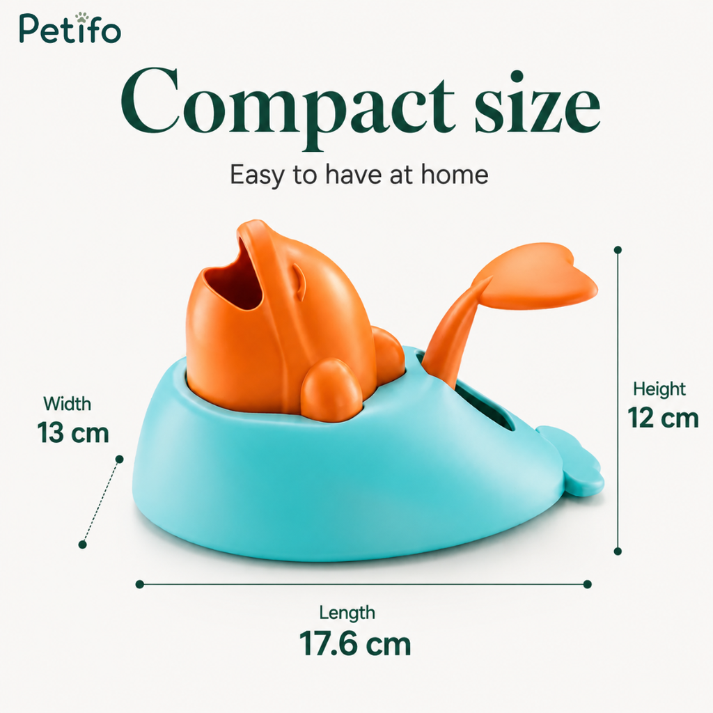 Petifo interactive treat launcher dimensions infographic showcasing a length of 17.6 cm, width of 13 cm, and height of 12 cm.