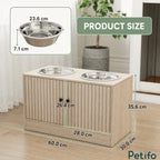 A detailed product dimensions graphic for the Petifo raised dog bowl stand, showing height, width, and bowl size specifications.