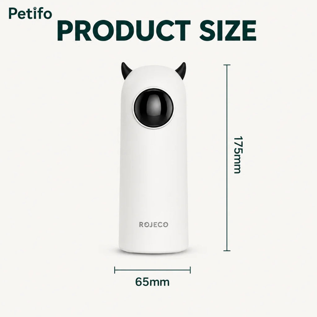 Product size diagram showing the Rojeco automatic laser cat toy with height and width dimensions labeled.