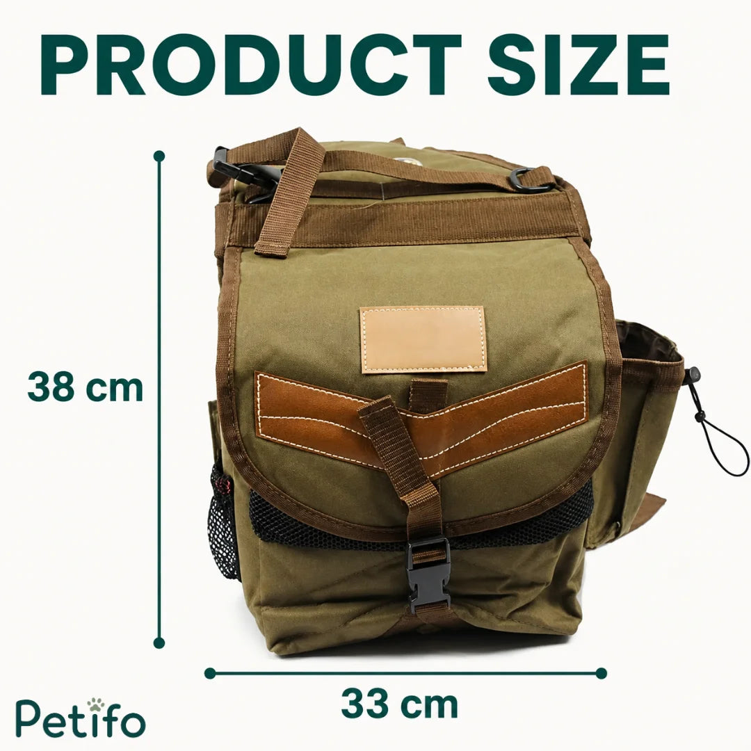 Product size dimensions displayed on an olive canvas equestrian saddle bag.