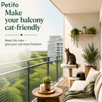 Cozy modern apartment balcony enclosed with a discreet safety net to give cats a secure outdoor view.