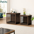 A display showing two different sizes of Petifo wooden dog crate furniture placed side-by-side as functional home decor end tables.