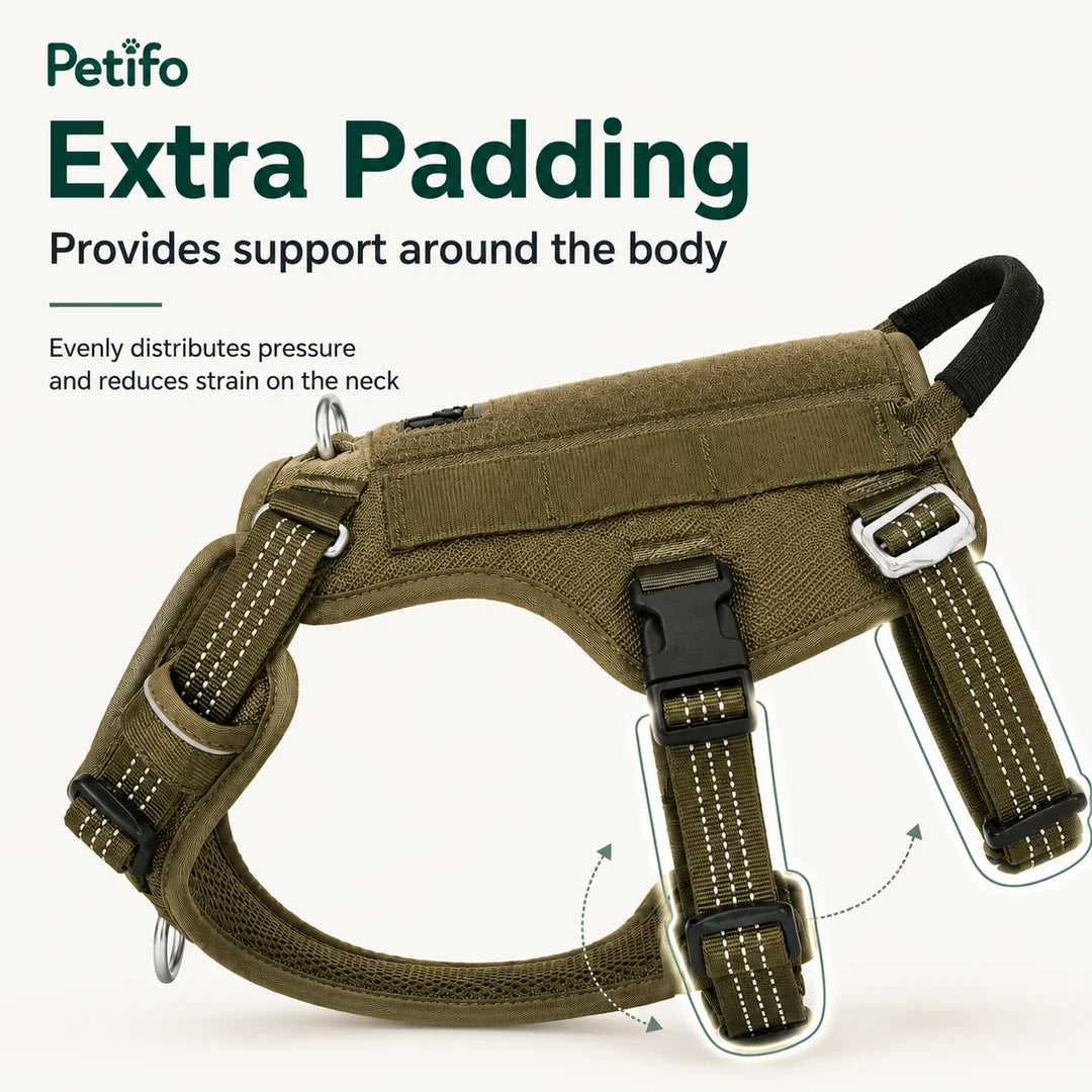 This Petifo tactical dog harness features extra padding designed to evenly distribute pressure and reduce neck strain .