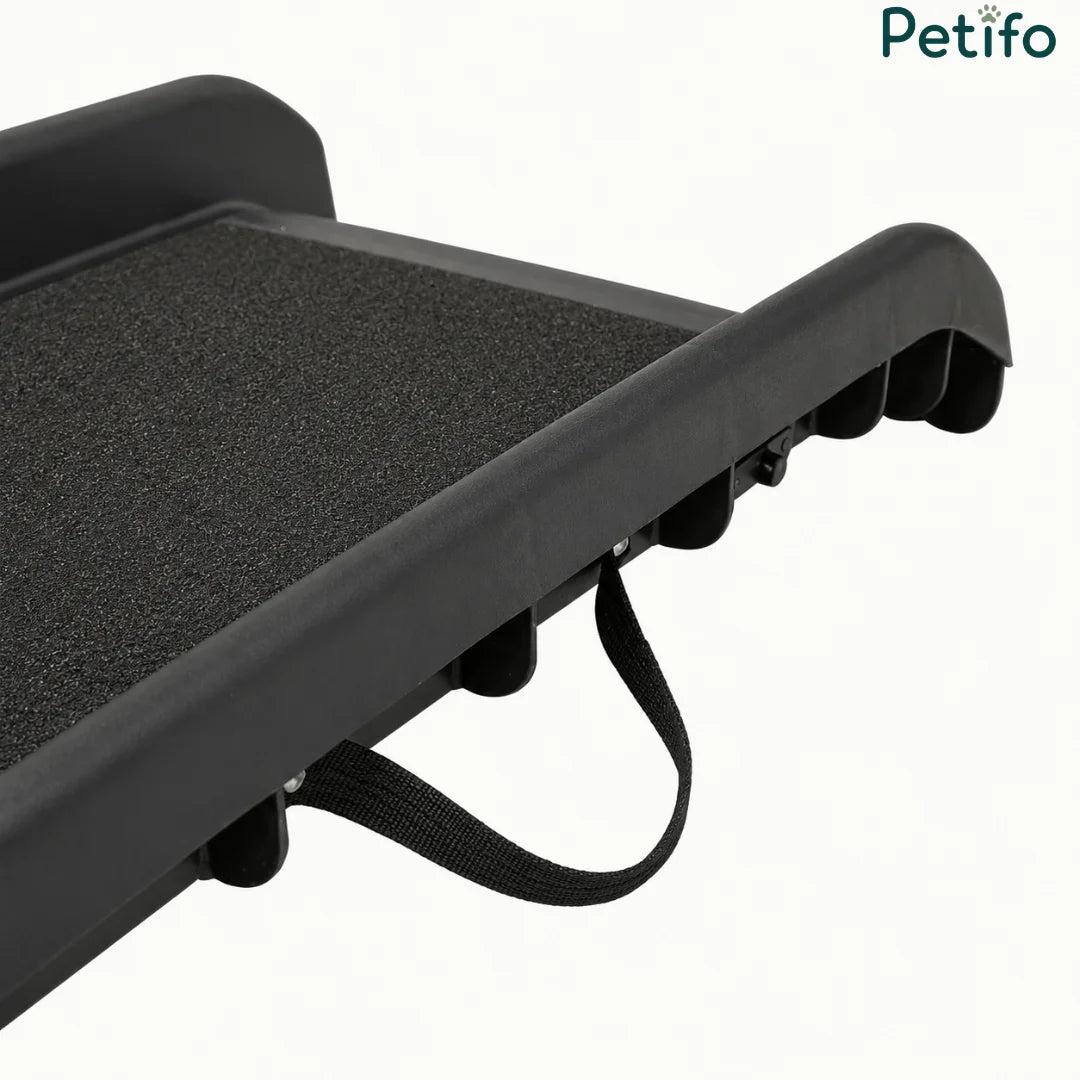 Portable dog ramp for cars featuring a high-traction, non-slip surface and locking latch.