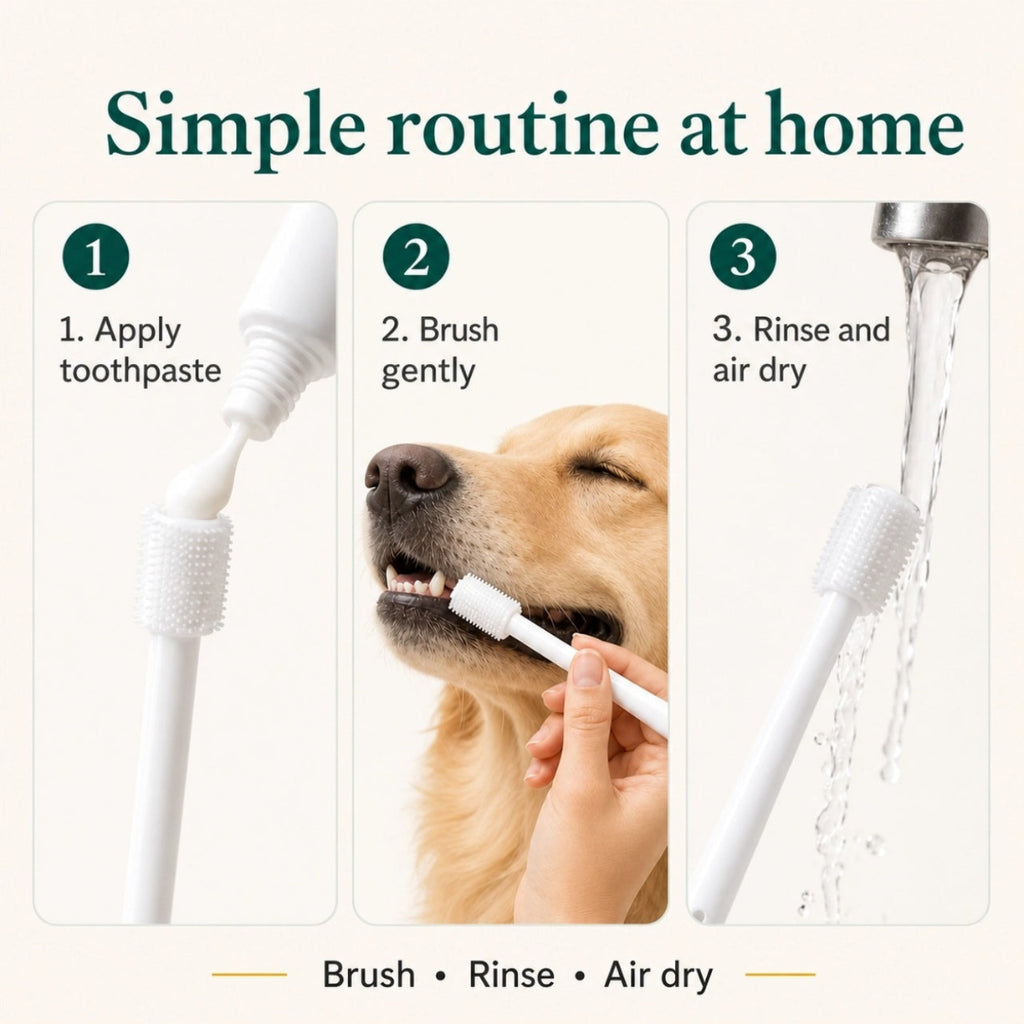 Three-step tutorial infographic for dog teeth brushing showing applying toothpaste, brushing, and rinsing.