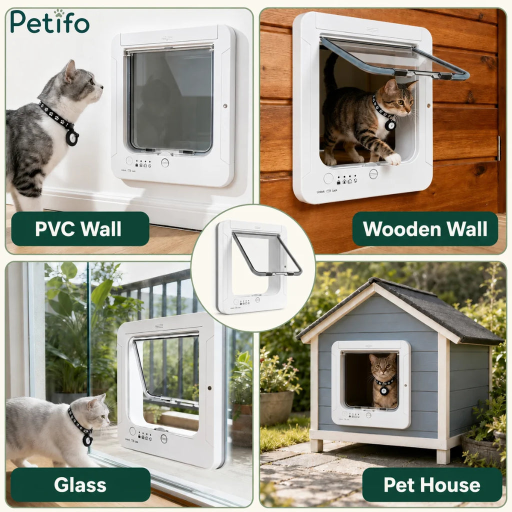 PetVent microchip cat door installed in various surfaces like glass, wood, and PVC, showcasing versatile mounting options for pet owners.