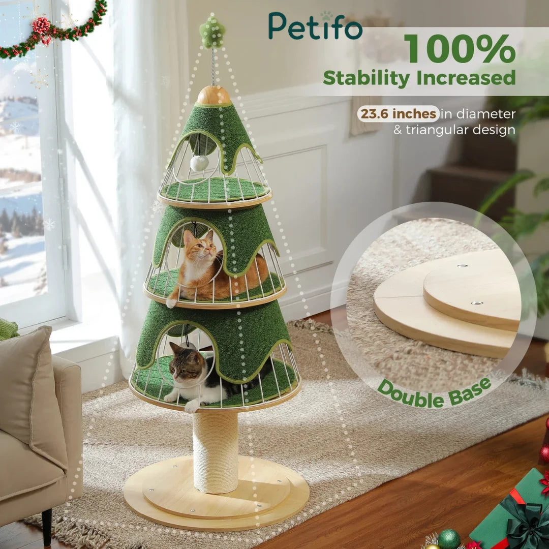 A three-tier Christmas tree-shaped cat tower with a sturdy double-base design and 23.6-inch diameter for increased stability. 