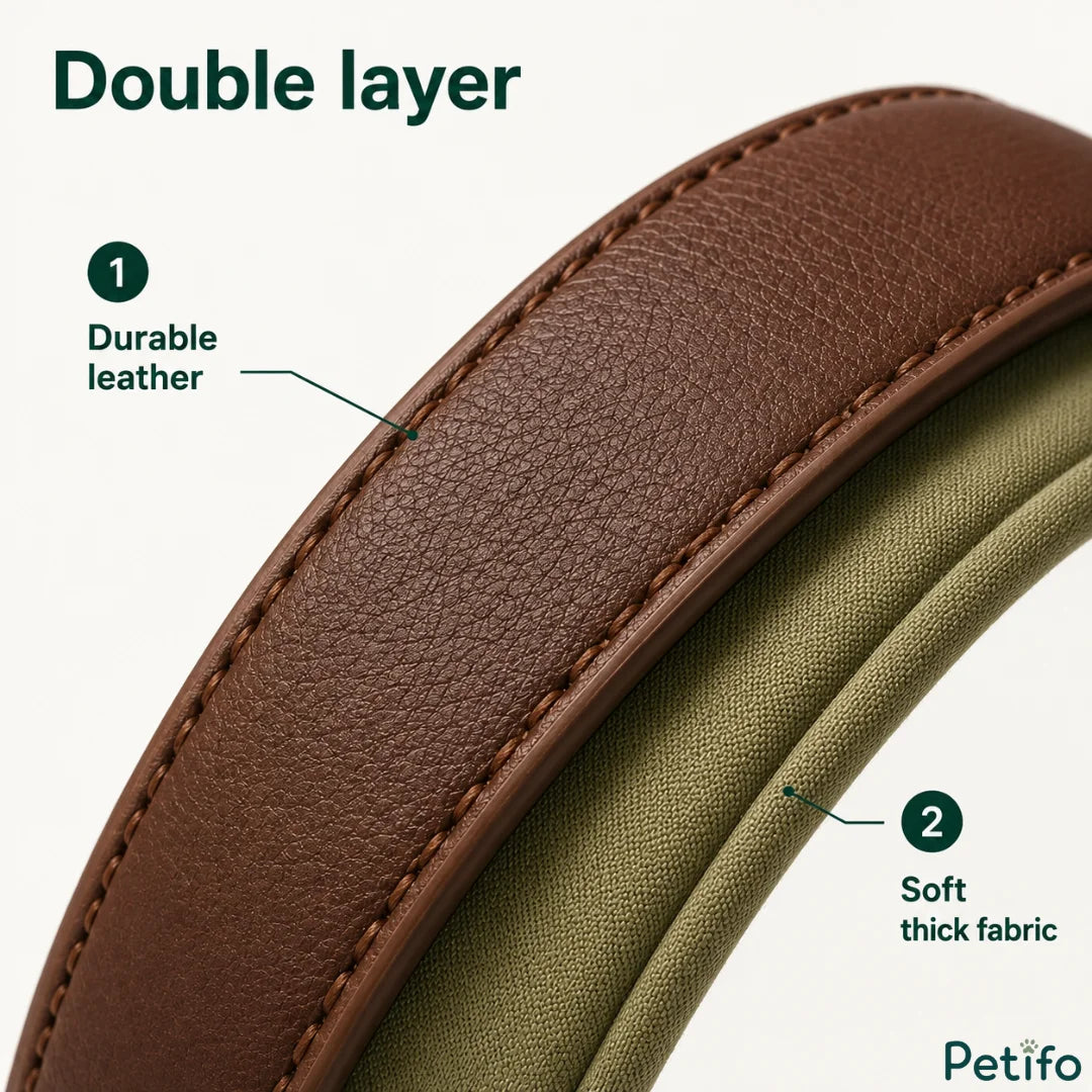 Macro detail image highlighting the double-layer construction of the collar featuring durable outer leather and soft thick fabric lining.