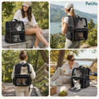 Four-panel lifestyle showcase of owners using the black double-tier pet backpack during outdoor walks, travel, and camping trips.