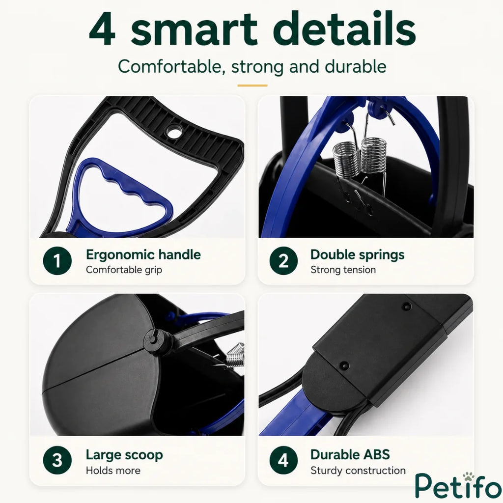 Four-feature breakdown detailing the ergonomic handle, double springs, large scoop capacity, and durable ABS construction.
