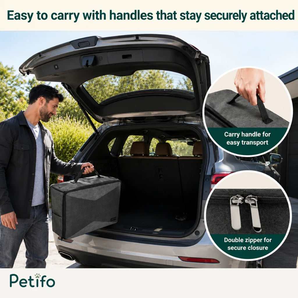 Man carrying the travel cat litter box featuring secure carry handles and double zippers.