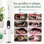 Before and after photo comparison displaying dramatic plaque and tartar removal results on dogs teeth using the Detixy scaler.