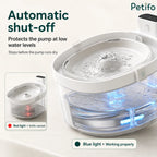 Smart cat water fountain featuring automatic dry-run protection with red and blue LED status indicators.