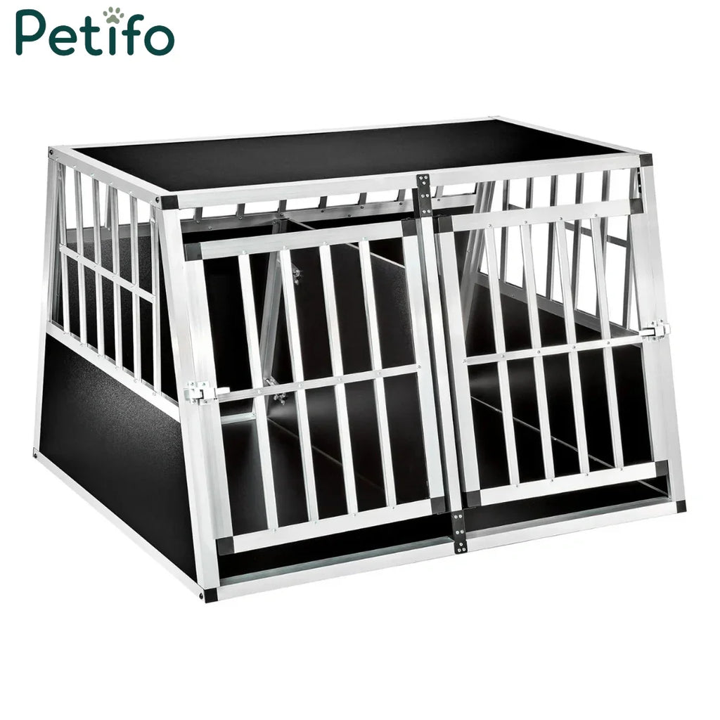 Empty Petifo double aluminum car dog crate with secure lockable dual doors.